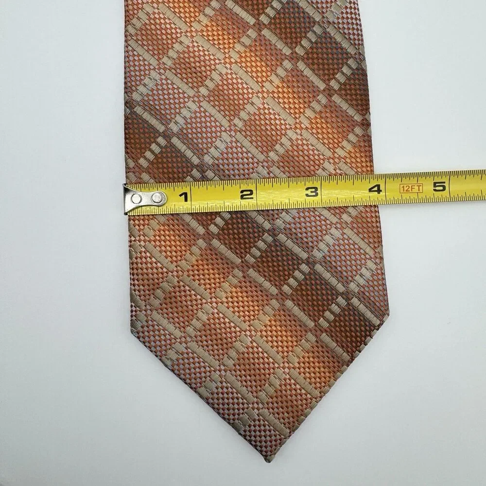 Lucio Lamberti 100% Pura Seta Silk Tie Made in Italy Orange Geometric Plaid 3.75